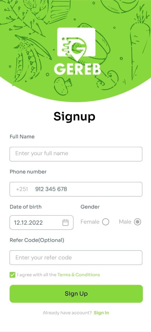 The Gereb app's sign-up screen.